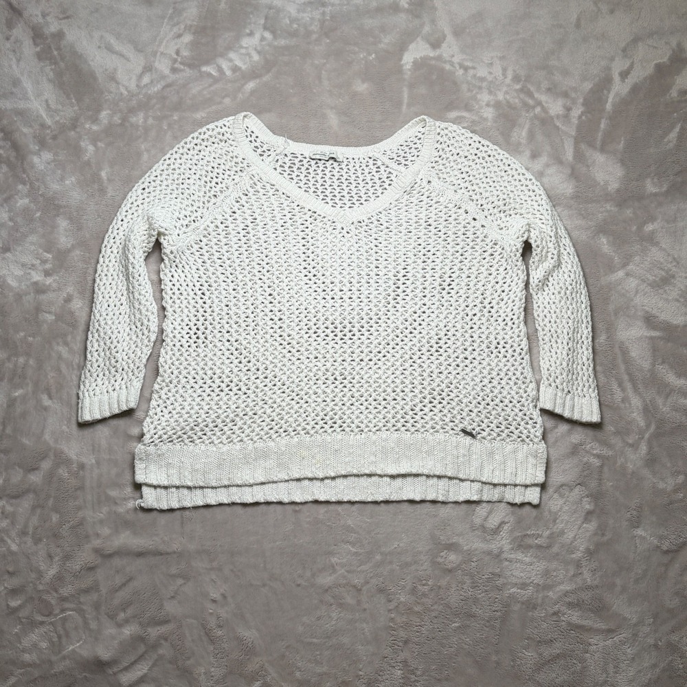 Abercrombie & Fitch Sweater Womens L White Open Knit Crochet Cotton V-Neck Sheer